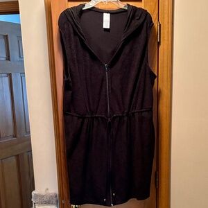 Beach Coverup Black Sleeveless Terry Zip-Up Swimsuit Robe Size 3X,hood, pockets